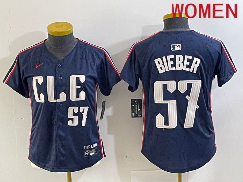 Women Cleveland Indians #57 Bieber Blue City Edition Nike 2024 MLB Jersey style 4